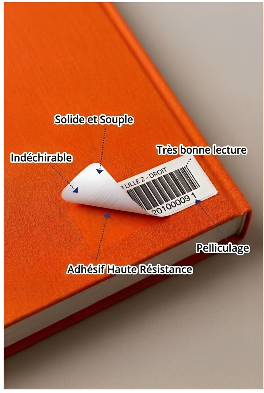 Étiquette code-barres pelliculée collée sur un livre